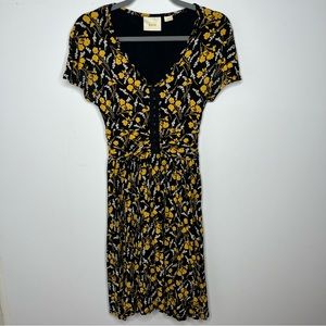 Maeve Anthropologie Jersey Skater Dress Black Yellow Floral XS Extra Small